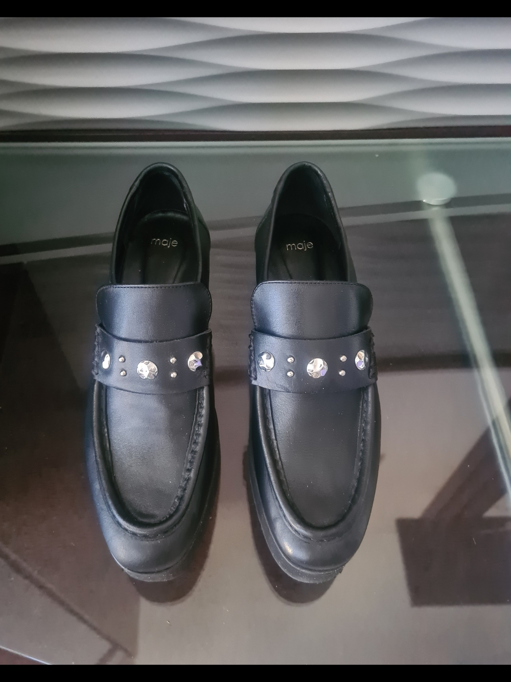 Maje Black Leather Loafers with Metal Strap Details